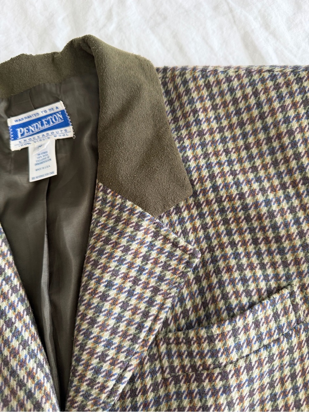 Vintage Pendleton Tweed Houndstooth Blazer with Olive Green Collar - 100% Wool - Picture 8 of 11
